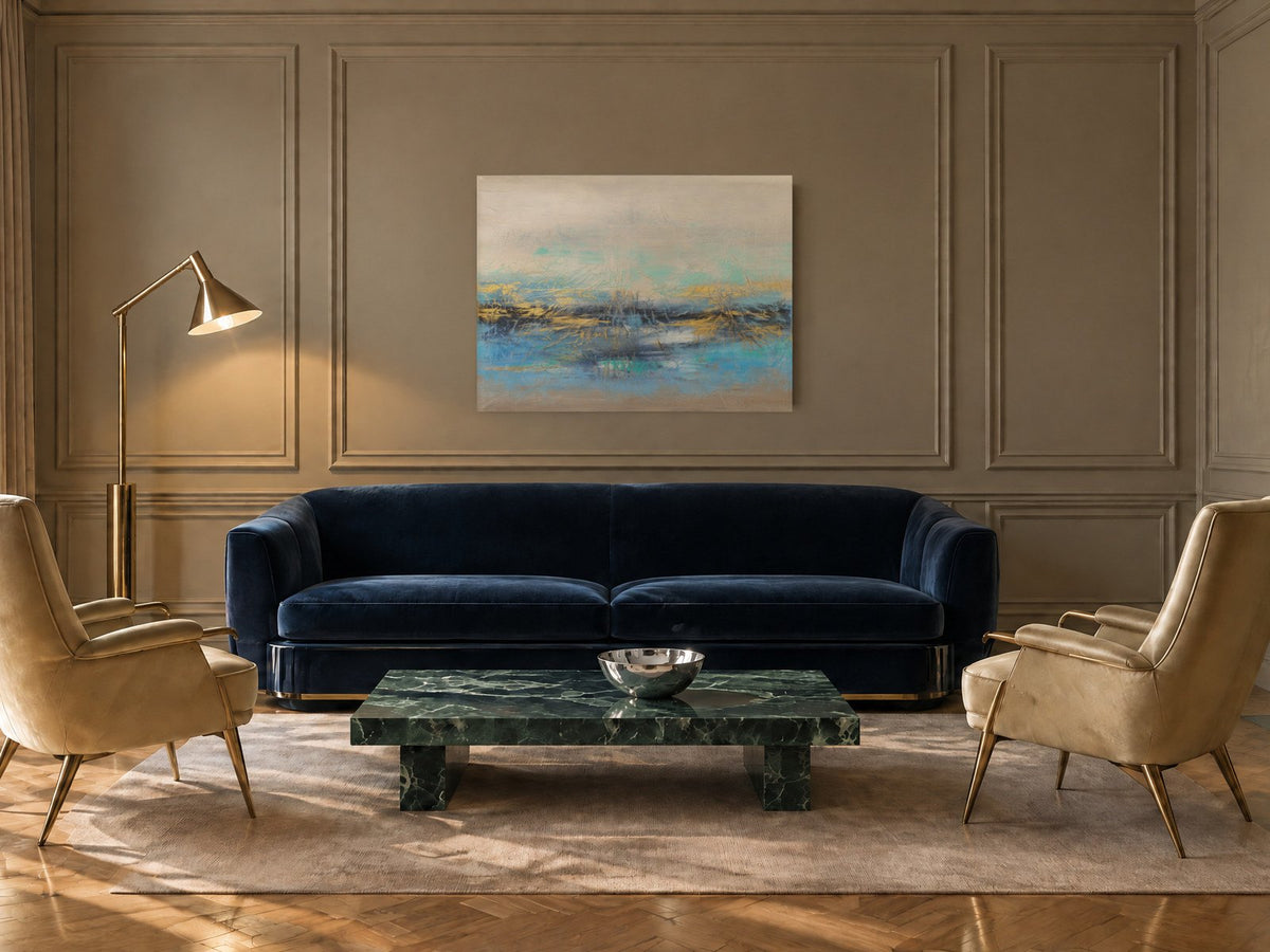 Aufhellung über einem Sofa aus Samt in einem Stadtpalais. Raum digital erzeugt, Werk und Größe originalgetreu.